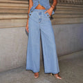 Women's Solid Color Sleeveless Button-Front Denim Vest and Wide Leg Pants Set