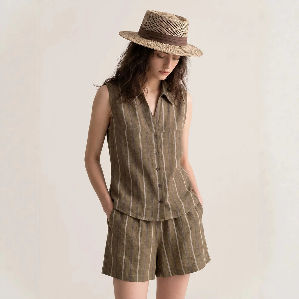 Women's Striped Linen Sleeveless Shirt and Shorts Set Casual Summer